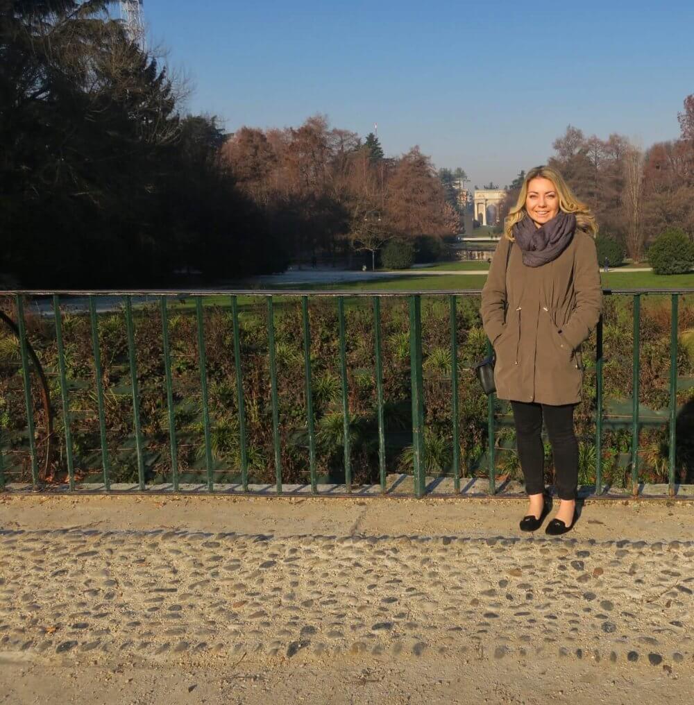 Nina (squinting into the bright sunshine) at the Parco Sempione on New Year's Day 2017 in Milan