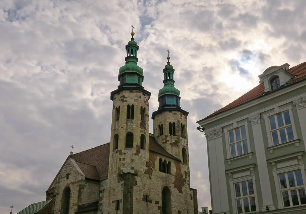 View of two buildings in Krakow and the sky