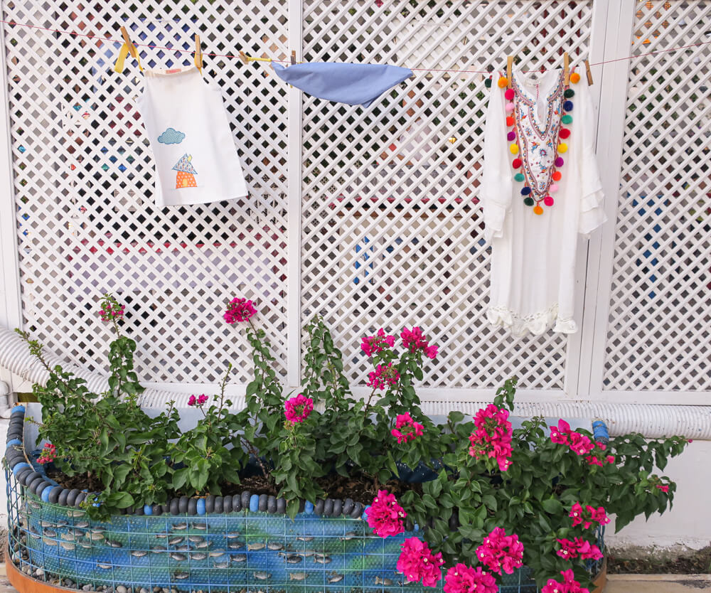 Pink flowers in a flower bed at the bottom, with three items of white and brightly coloured clothing hanging on a line above and white trellis behind.