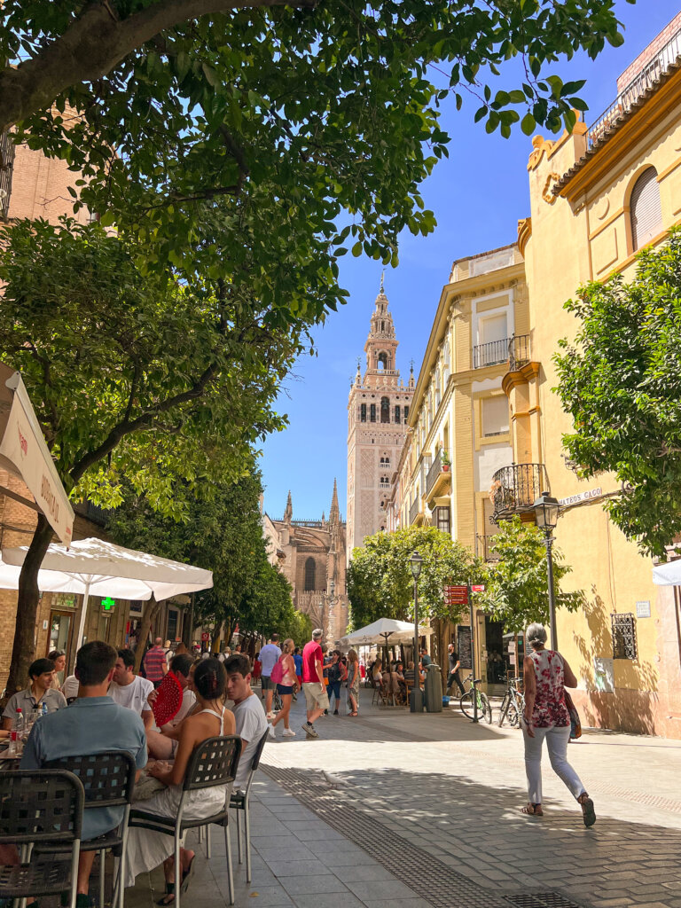 A view down Calle Mateos Gago (a street lined with tapas bars) with La Giralda Tower at the end - 10 things to do in Seville